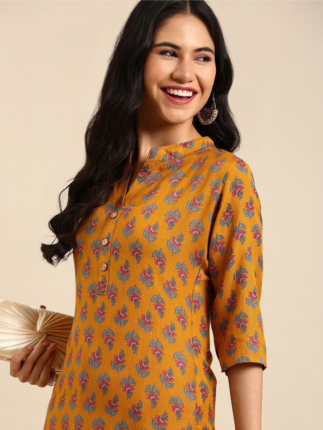 

SHOWOFF Ethnic Motifs Printed Kurta, Mustard