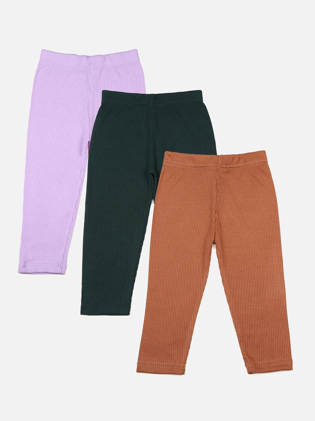 

YK Girls Pack of 3 Self Design Cotton Leggings, Brown
