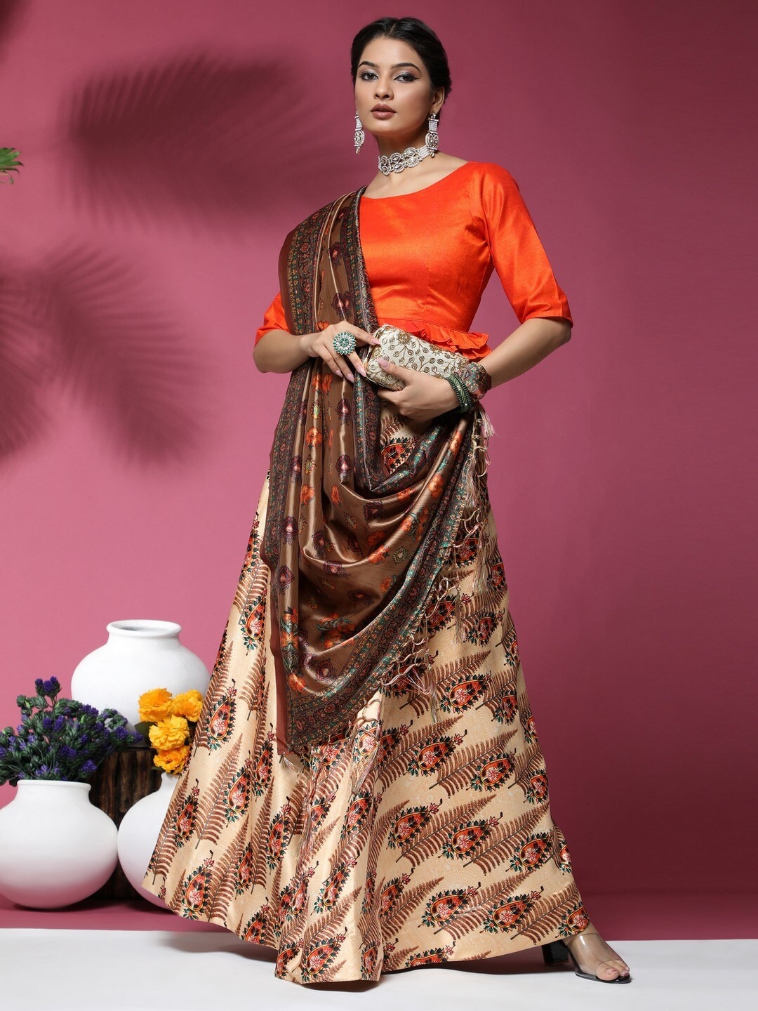 

Kaizen TEXO FAB Peach-Coloured & Orange Semi-Stitched Lehenga & Blouse With Dupatta