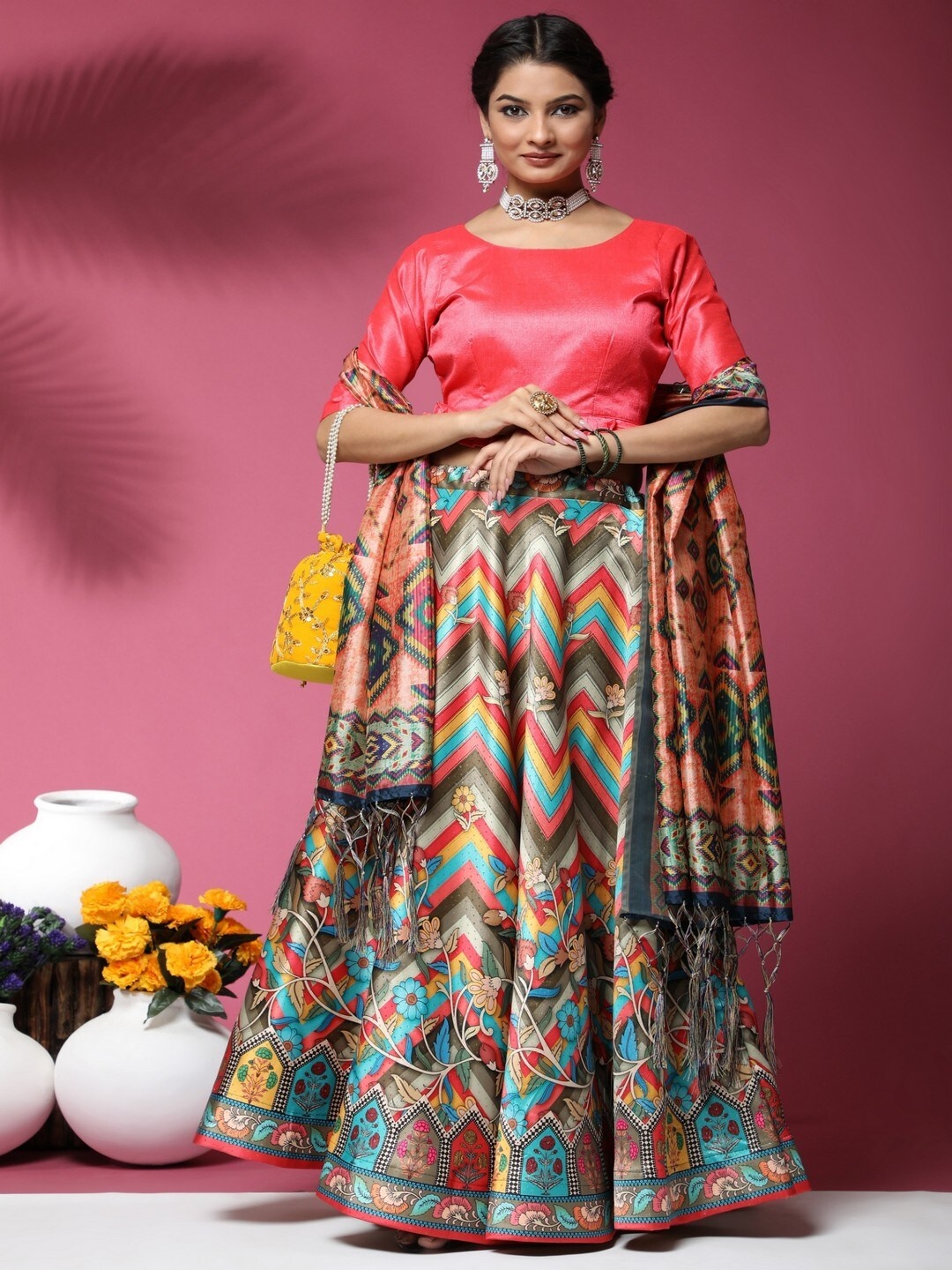 

Kaizen TEXO FAB Pink & Peach-Coloured Semi-Stitched Lehenga & Blouse With Dupatta