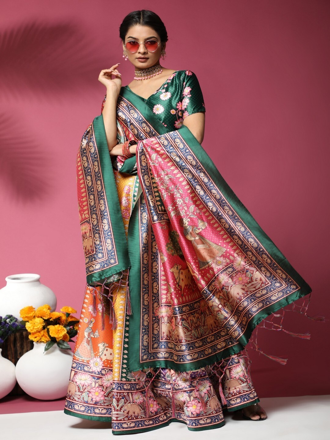 

Kaizen TEXO FAB Pink & Green Printed Kalamkari Semi-Stitched Lehenga & Blouse With Dupatta