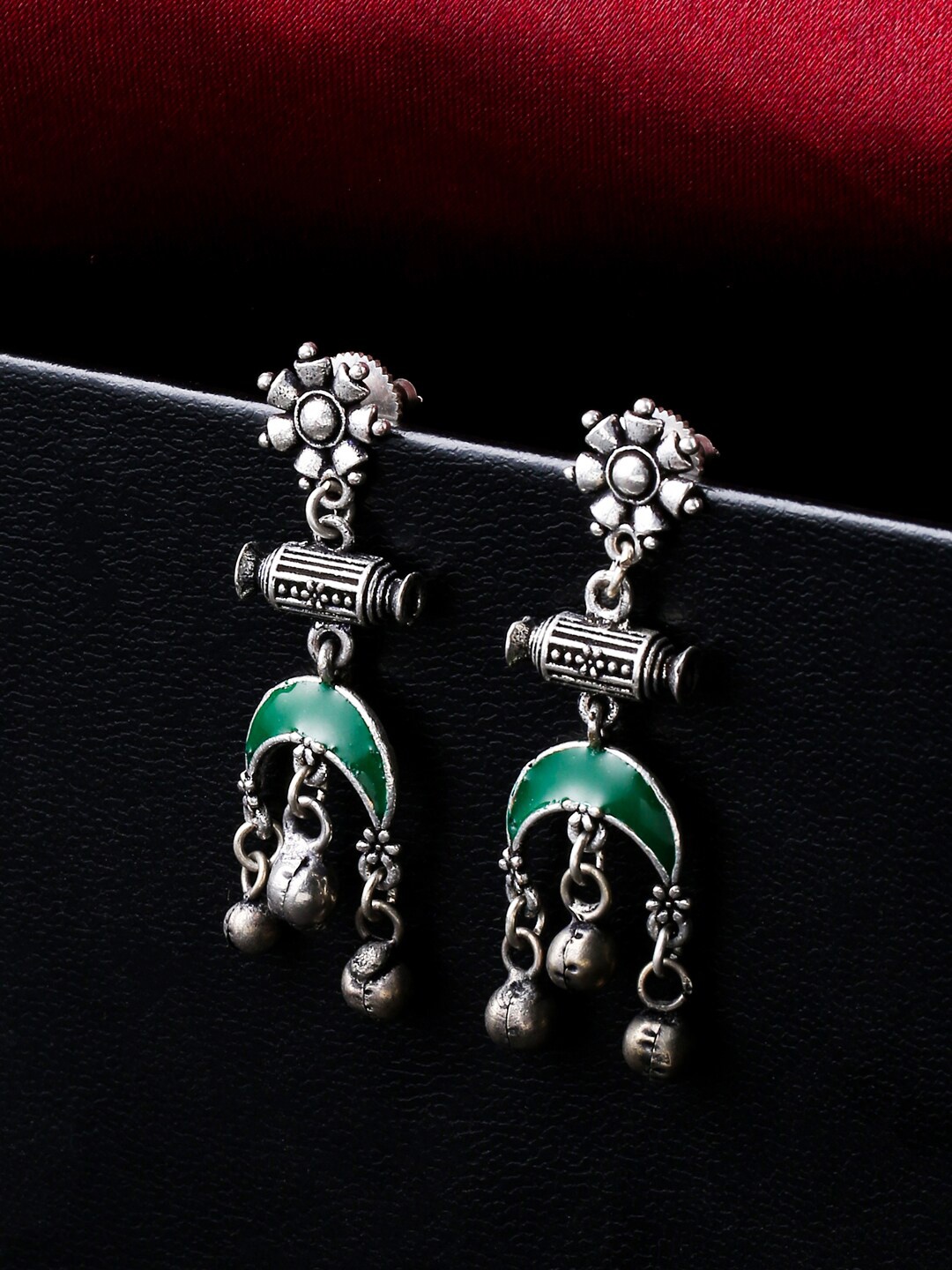 

VIRAASI Women Silver-Toned & Green Contemporary Drop Earrings