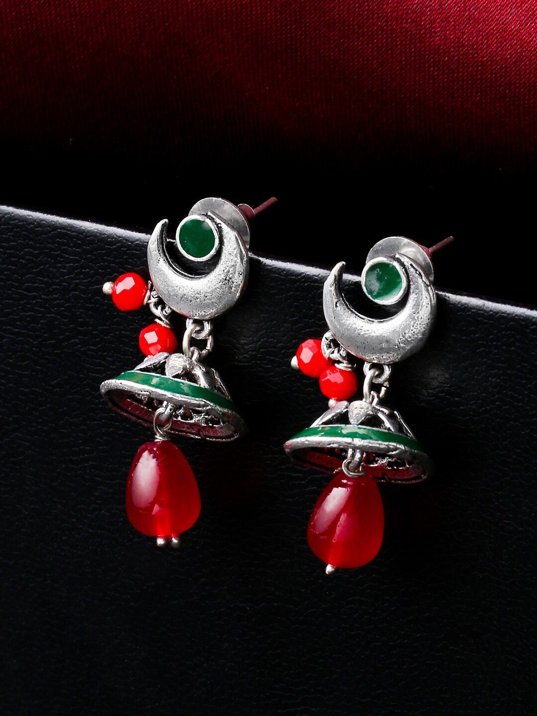 

VIRAASI Women Silver-Toned & Red Contemporary Drop Earrings