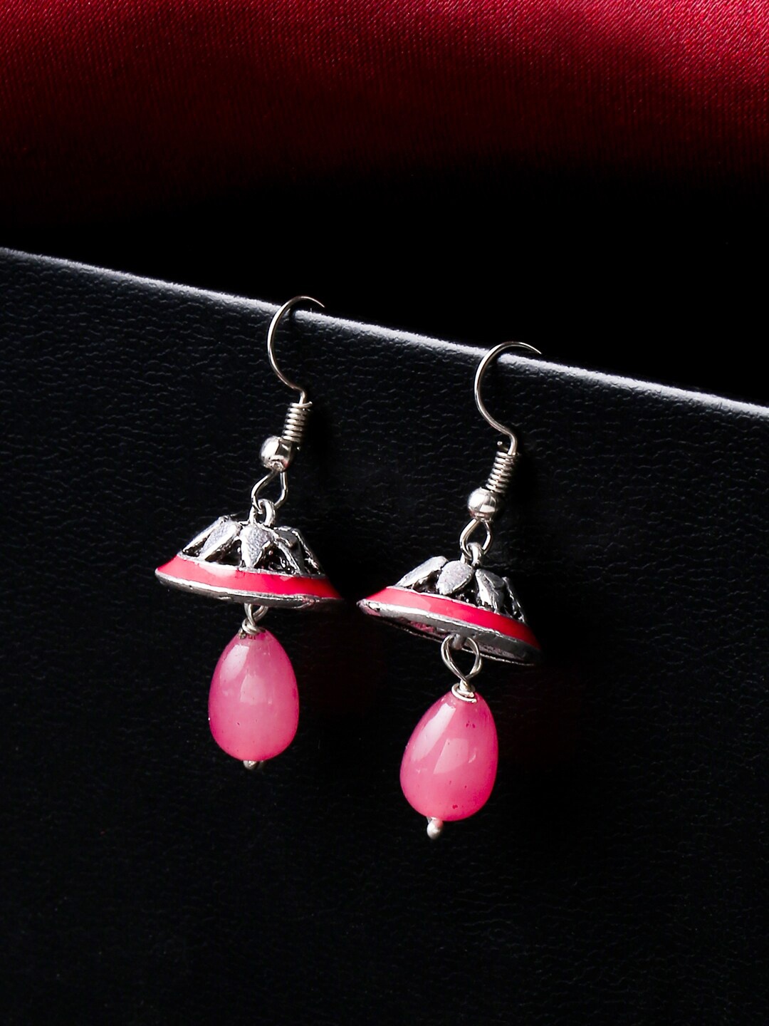 

VIRAASI Silver-Toned & Pink Contemporary Drop Earrings