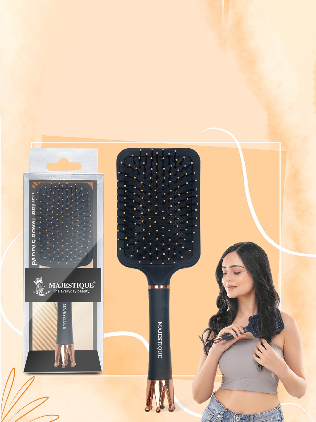 

MAJESTIQUE Crown Handle Paddle Hair Brush For Smoothing & Detangling, Black