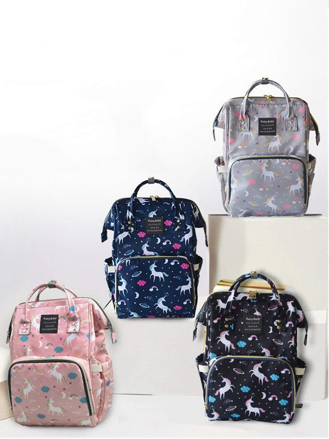 

HOUSE OF QUIRK Women Navy Blue & White Printed Diaper Bags