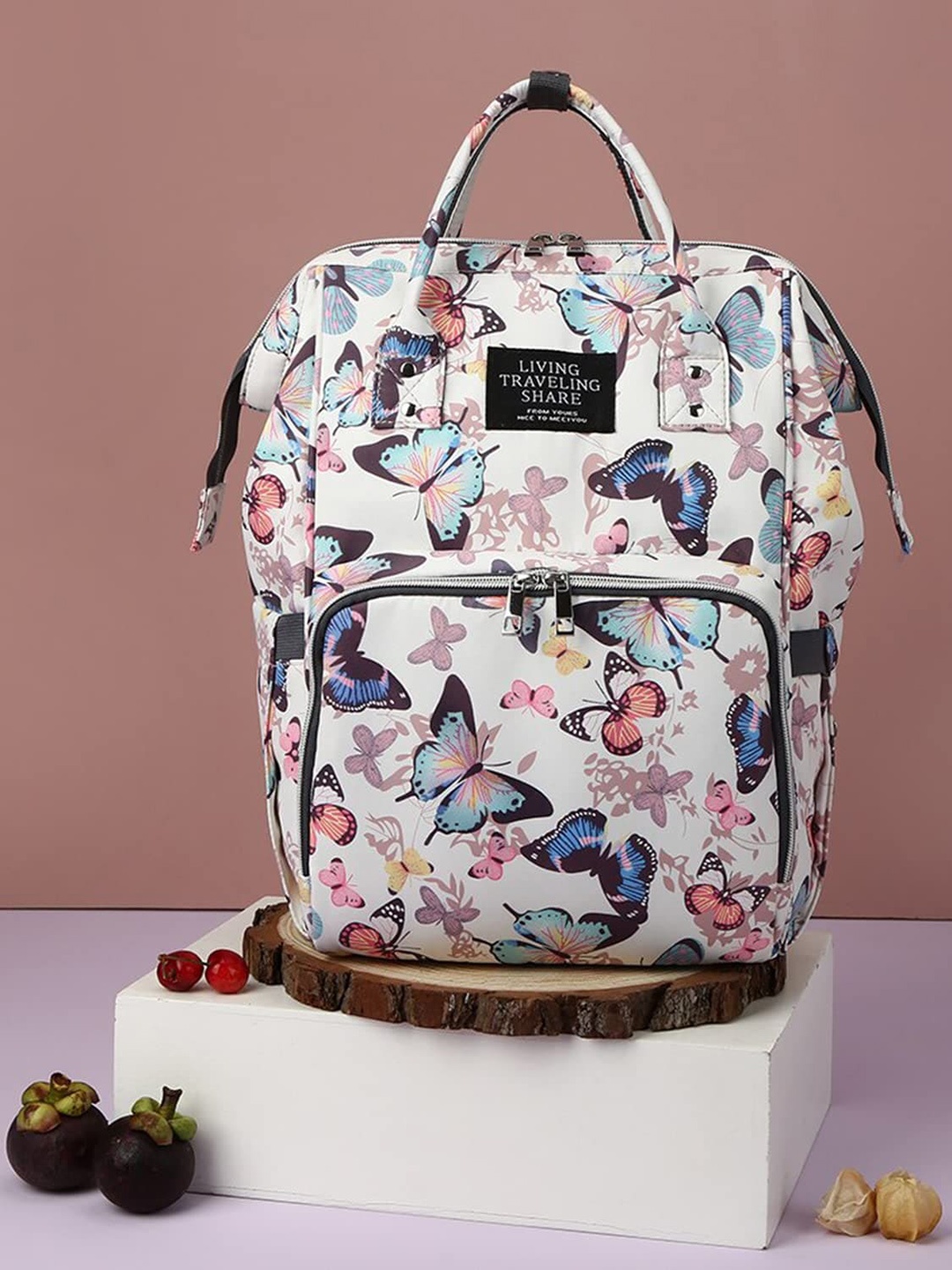 

HOUSE OF QUIRK Women Blue & Off White Printed Multifunction Baby Diaper Bag