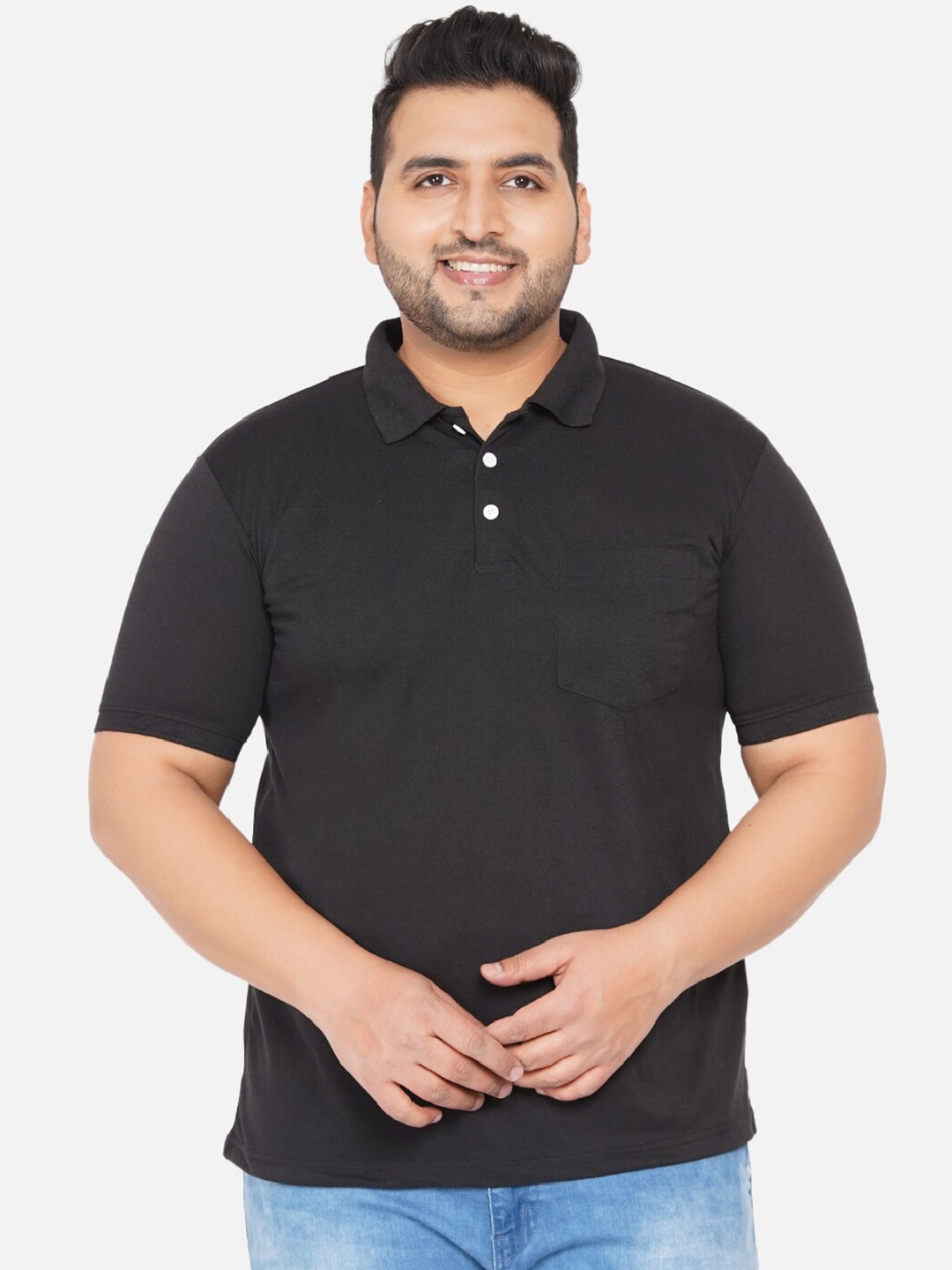 

John Pride Plus Size Men Black Solid Polo Collar T-shirt