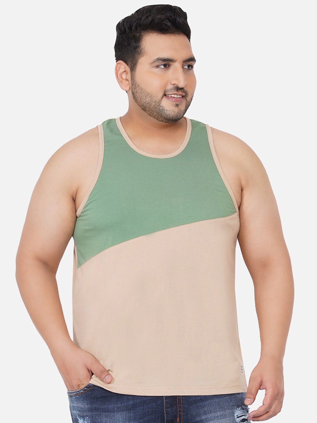 

John Pride Plus Size Men Tan & Green Colourblocked Cotton T-shirt