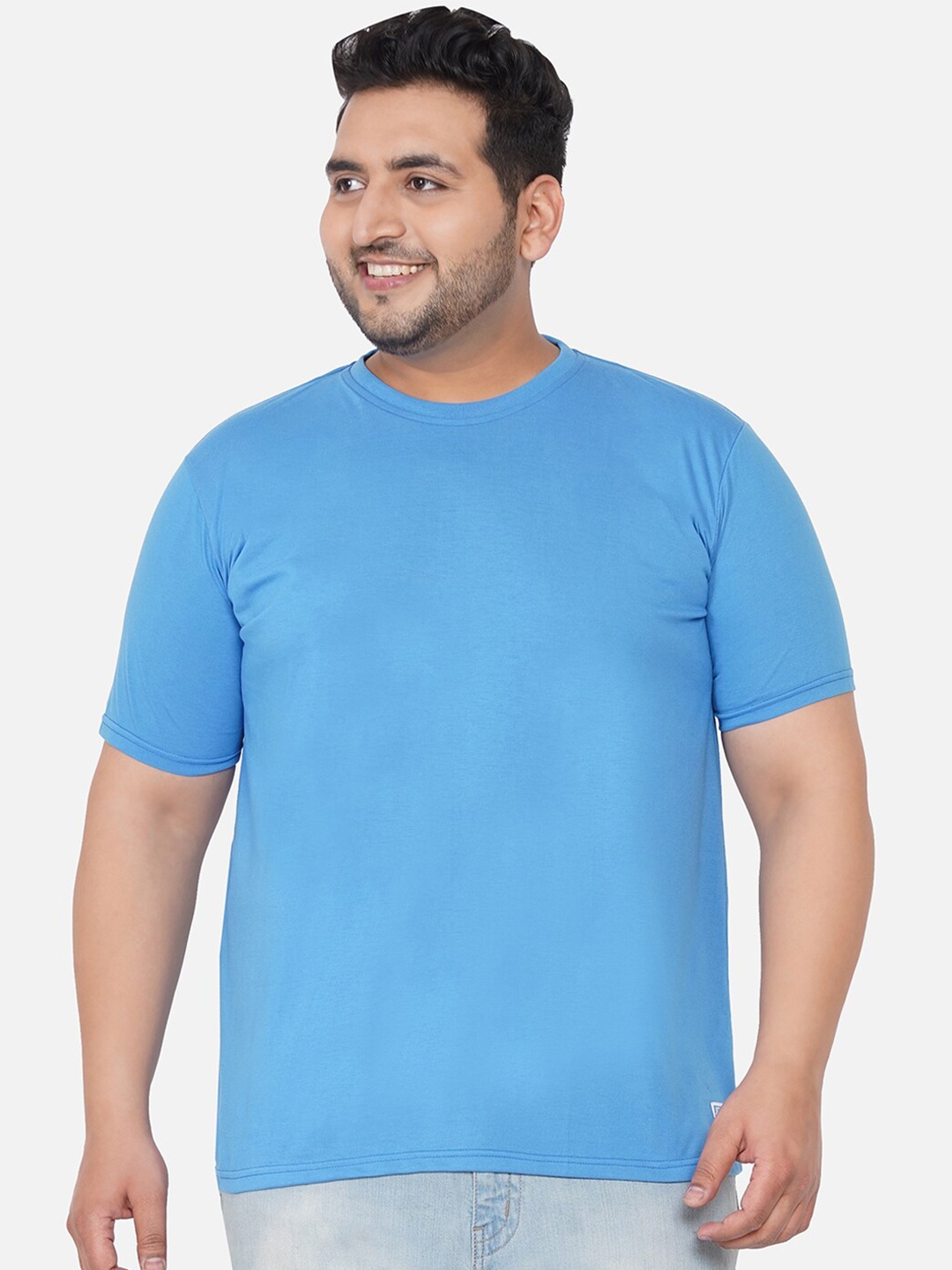 

John Pride Plus Size Men Blue Solid Cotton T-shirt