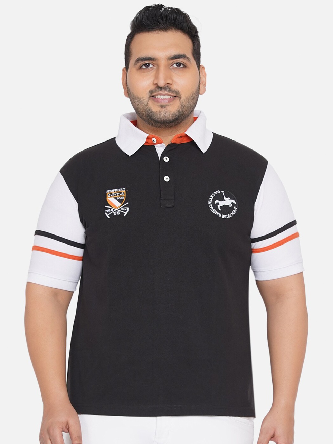 

John Pride Plus Size Men Black & White Colourblocked Polo Collar T-shirt