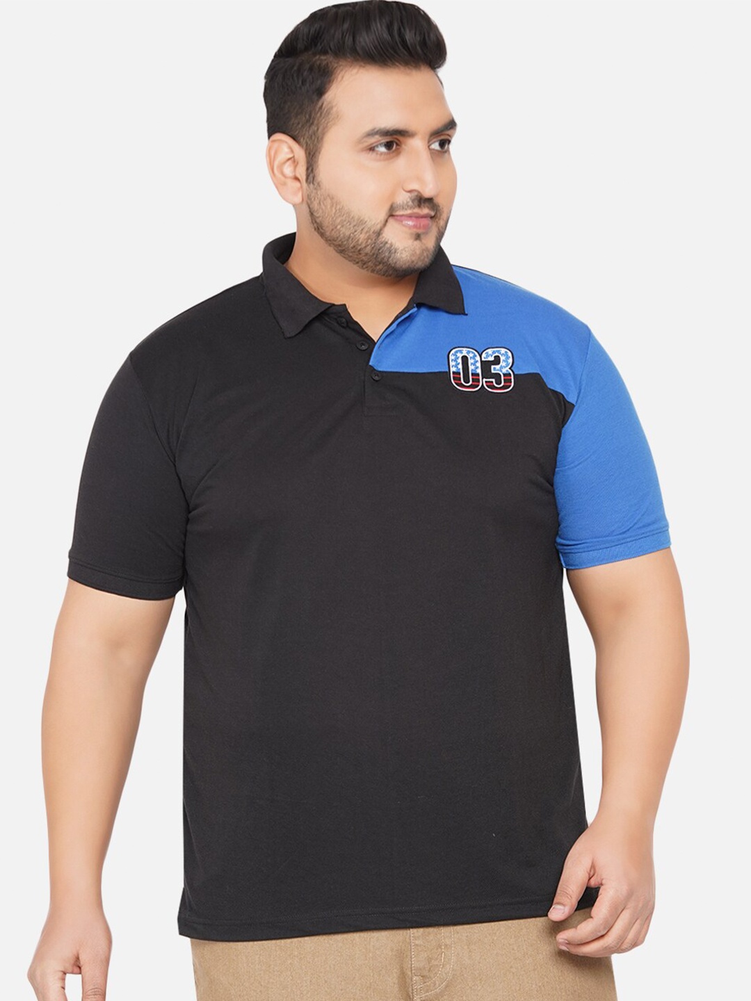

John Pride Plus Size Men Black & Blue Colourblocked Polo Collar T-shirt