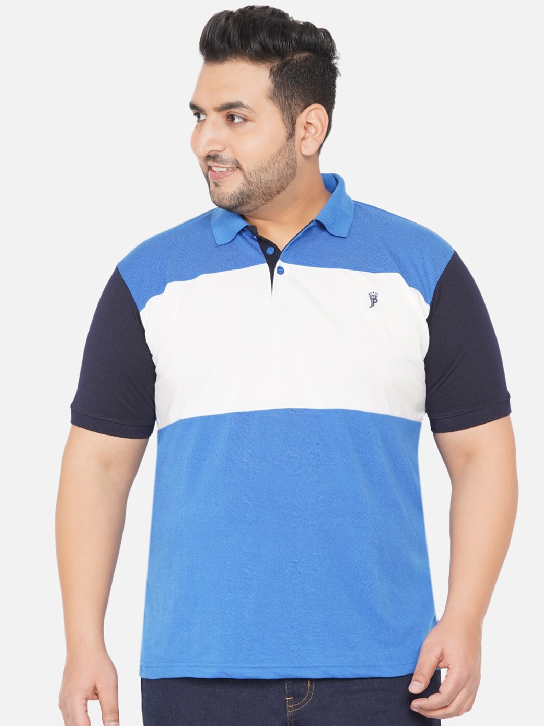

John Pride Plus Size Men Blue & White Colourblocked Polo Collar T-shirt