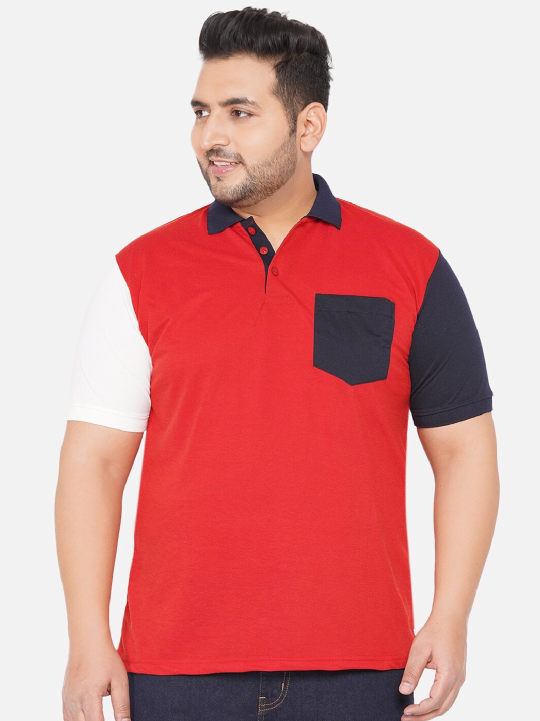 

John Pride Plus Size Men Red & Black Colourblocked Polo Collar T-shirt