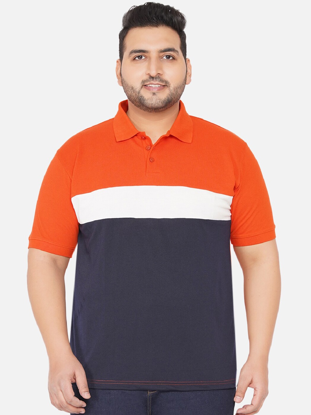 

John Pride Plus Size Men Orange & Black Colourblocked Polo Collar T-shirt