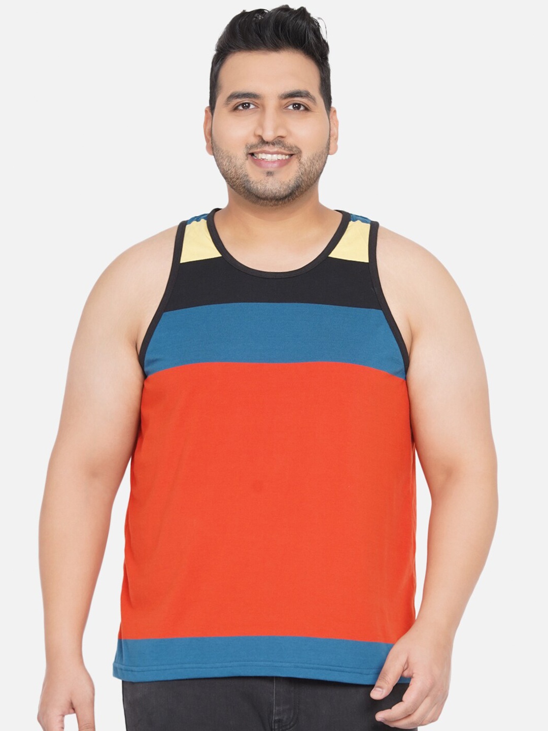 

John Pride Plus Size Men Orange & Blue Colourblocked Cotton T-shirt