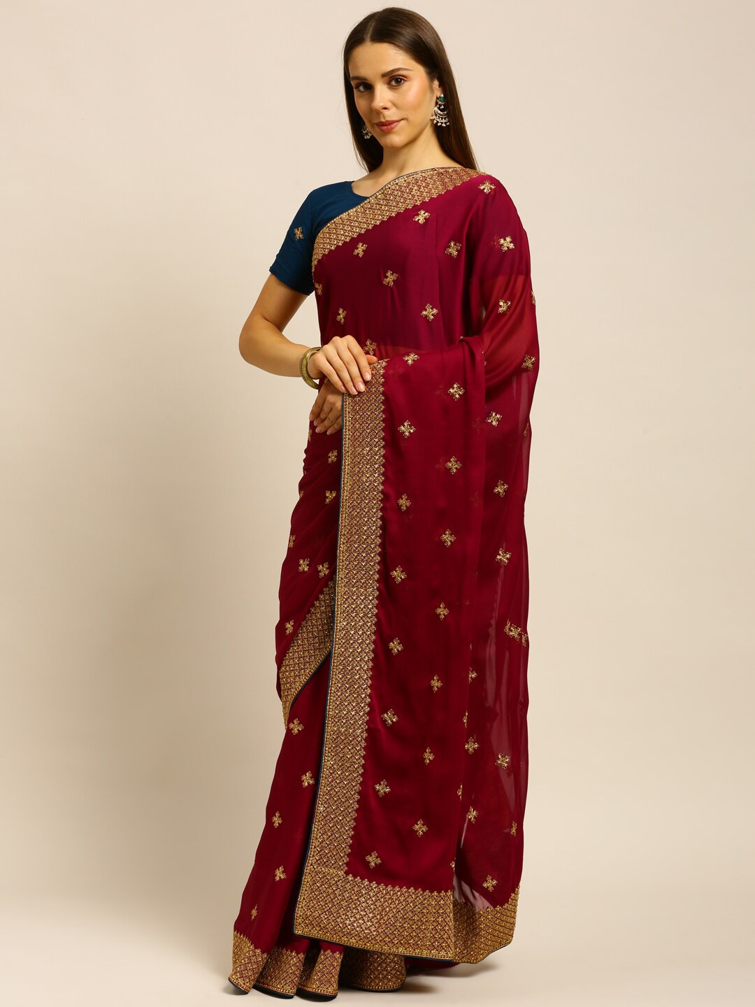 

kasee Maroon & Gold-Toned Floral Embroidered Saree