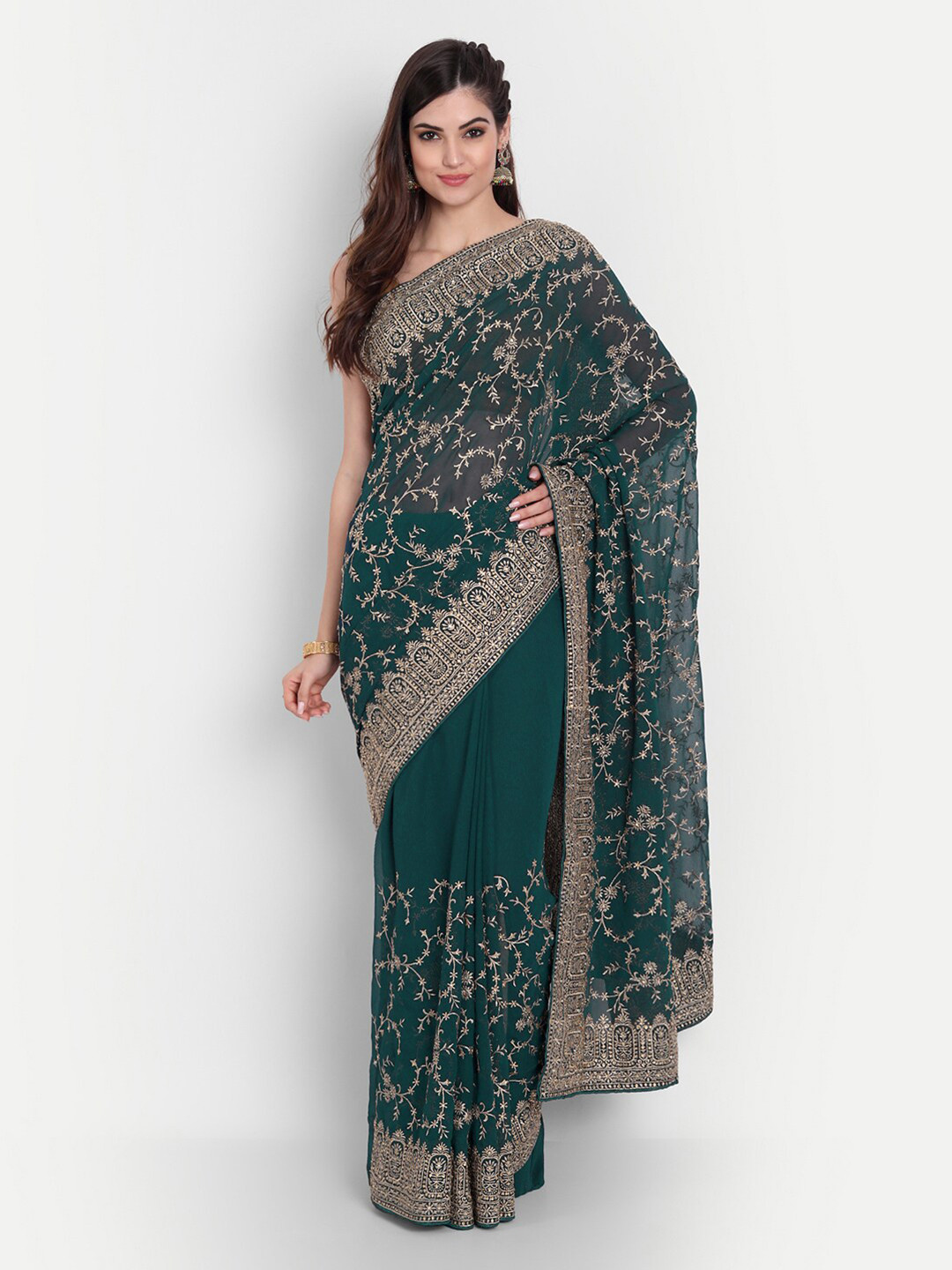

kasee Blue & Gold-Toned Floral Embroidered Saree