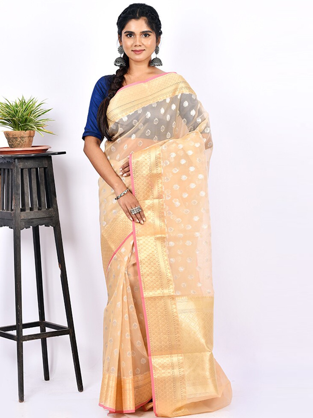 

AllSilks Cream-Coloured & Pink Woven Design Zari Kora Silk Cotton Saree