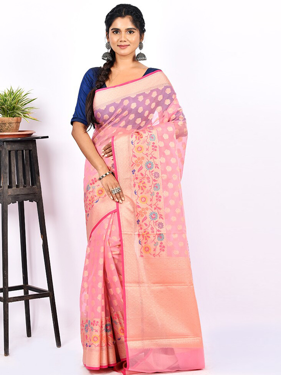 

AllSilks Pink & Rose Gold Woven Design Zari Kora Silk Cotton Saree