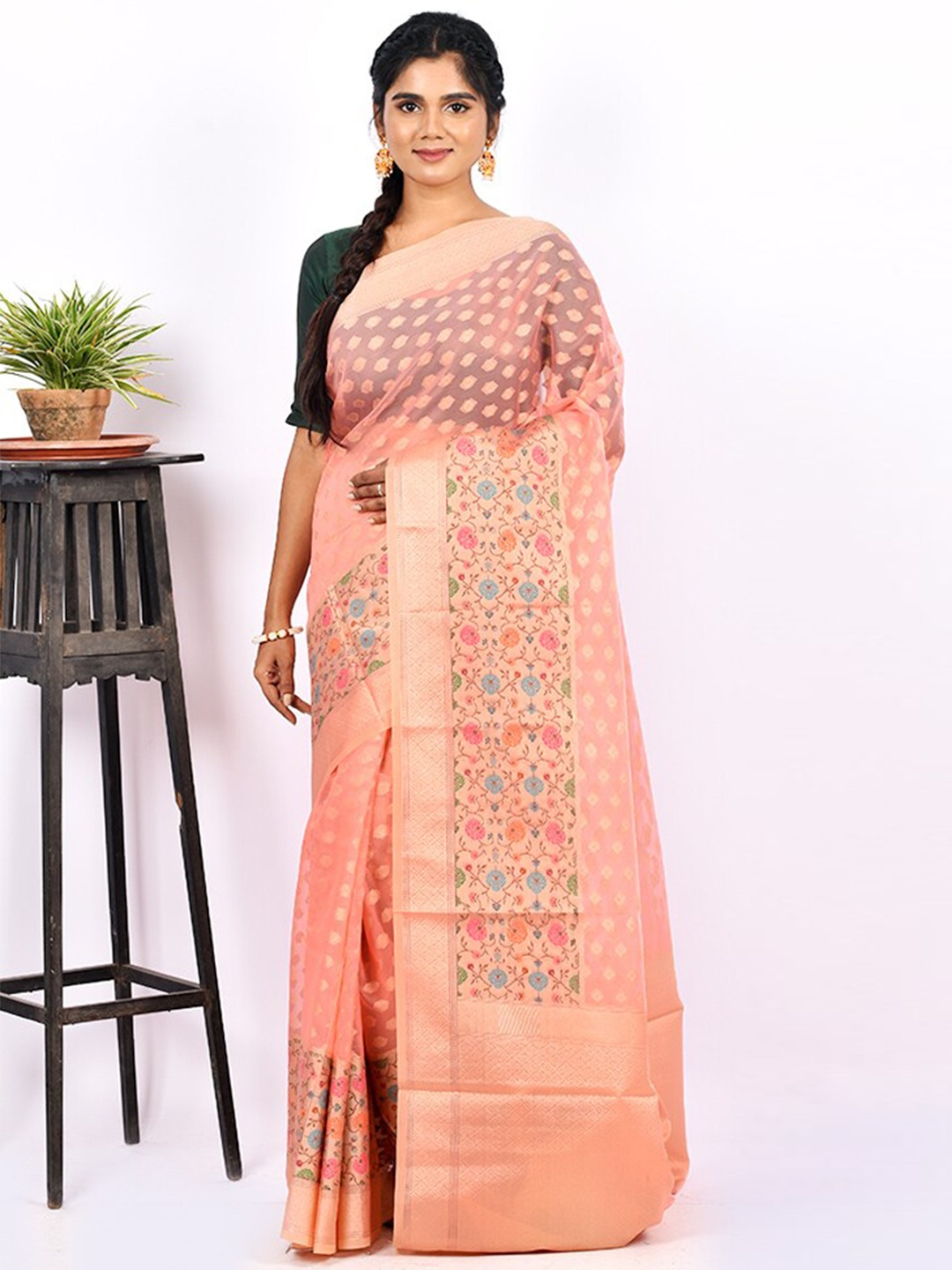 

AllSilks Peach-Coloured & Blue Woven Design Zari Kora Silk Cotton Saree