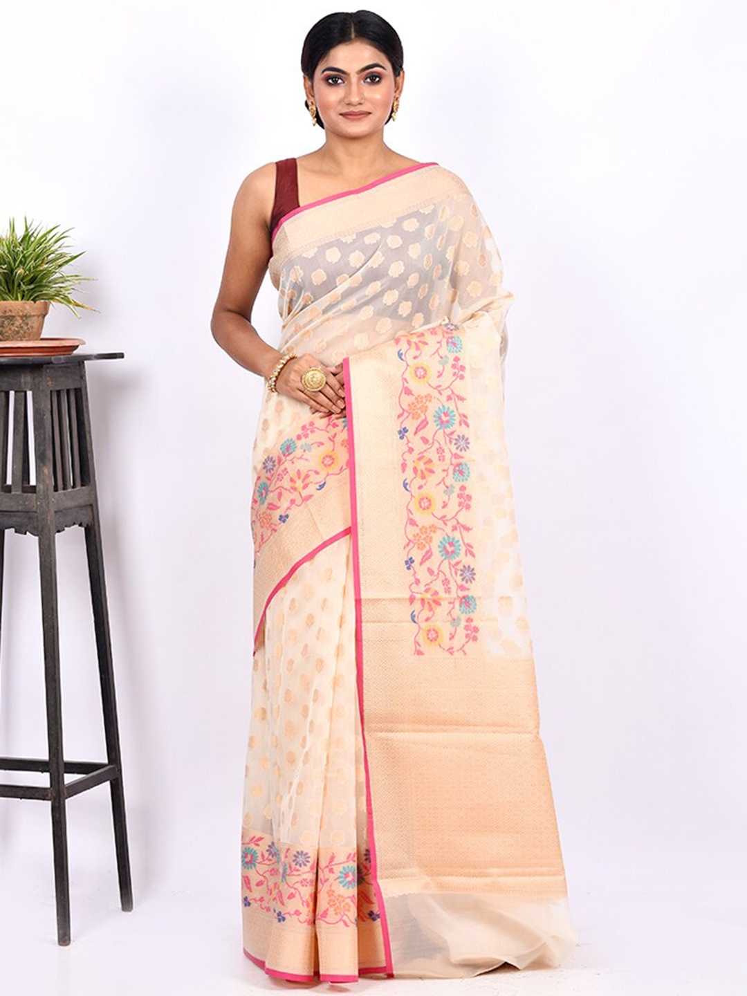 

AllSilks Cream-Coloured & Pink Floral Silk Cotton Saree