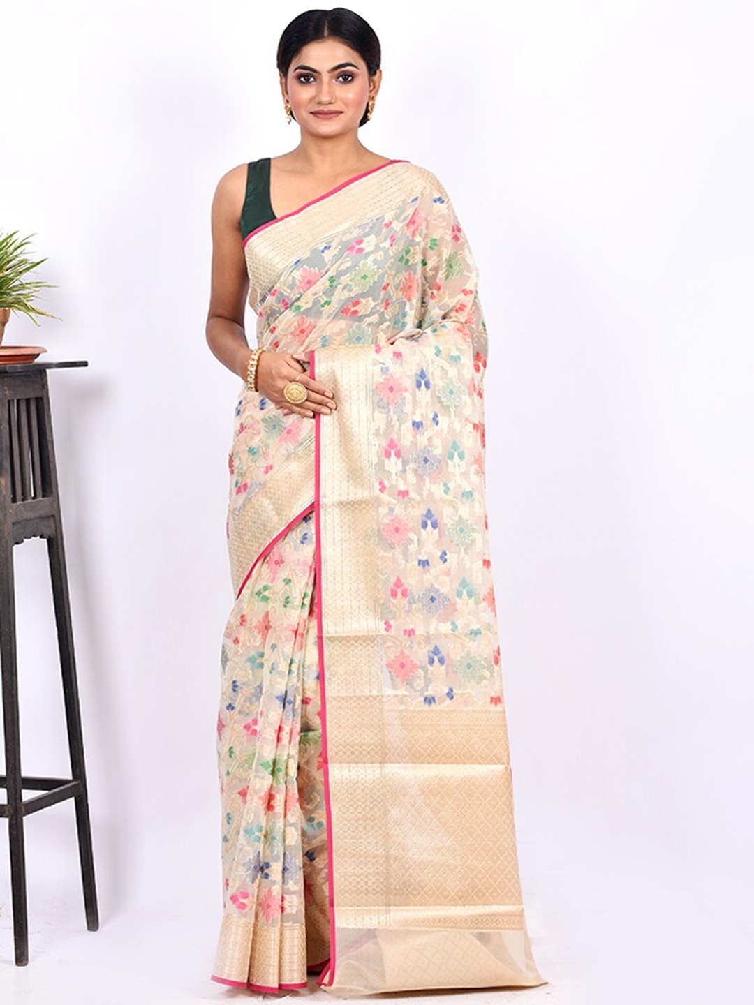 

AllSilks Cream-Coloured & Grey Woven Design Zari Kora Silk Cotton Saree