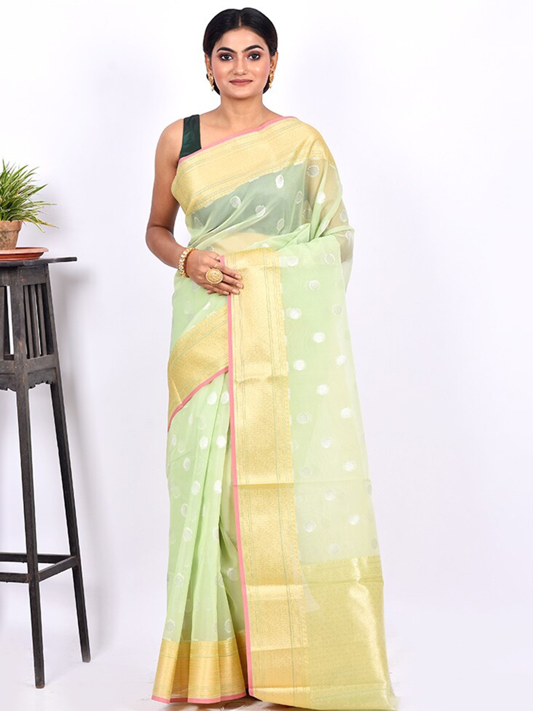 

AllSilks Green & White Woven Design Zari Kora Silk Cotton Saree