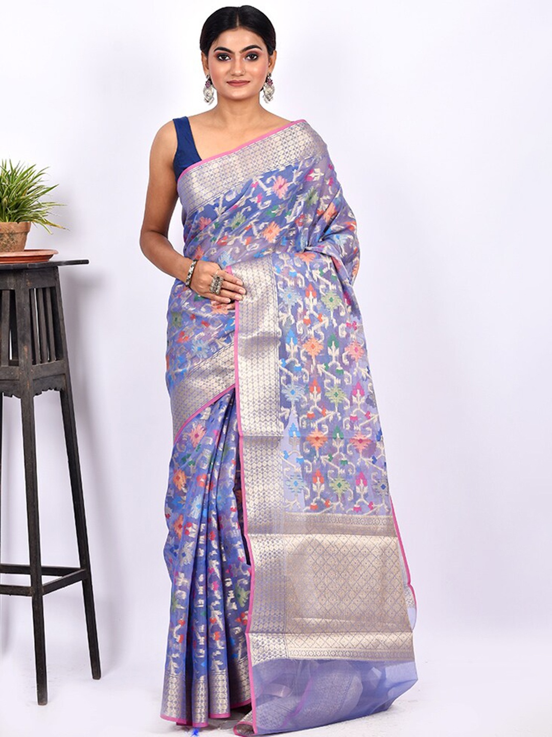 

AllSilks Blue & Pink Woven Design Zari Kora Silk Cotton Saree