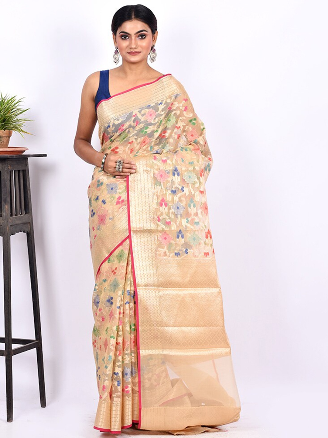 

AllSilks Cream-Coloured & Pink Woven Design Zari Kora Silk Cotton Saree