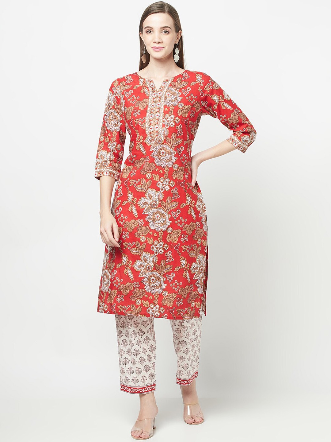 

ERISHA Women Red Floral Printed Pure Cotton Kurta with Trouser & Dupatta Set