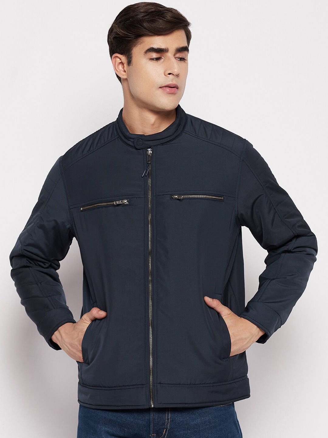 

Okane Men Navy Blue Lightweight Bomber Jacket