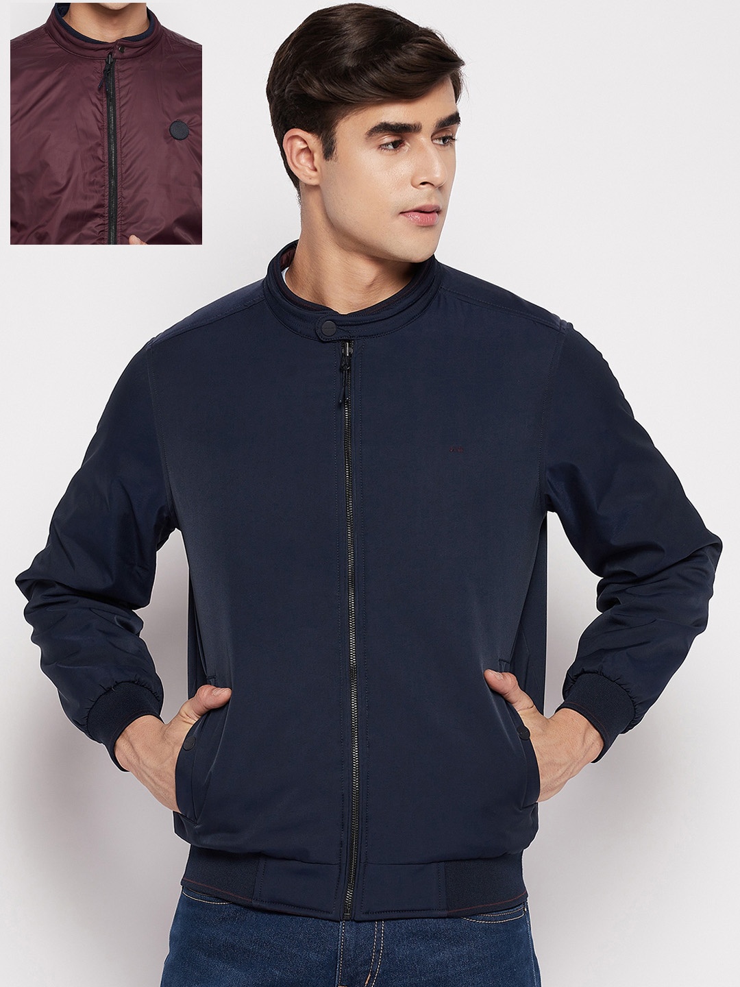

Okane Men Navy Blue Reversible Bomber Jacket