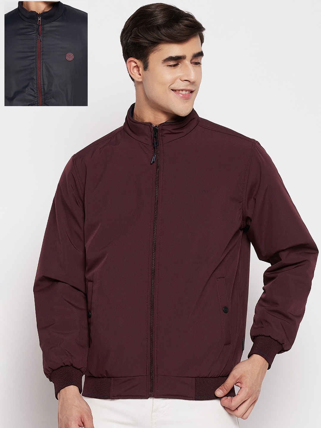 

Okane Men Burgundy Black Reversible Bomber Jacket