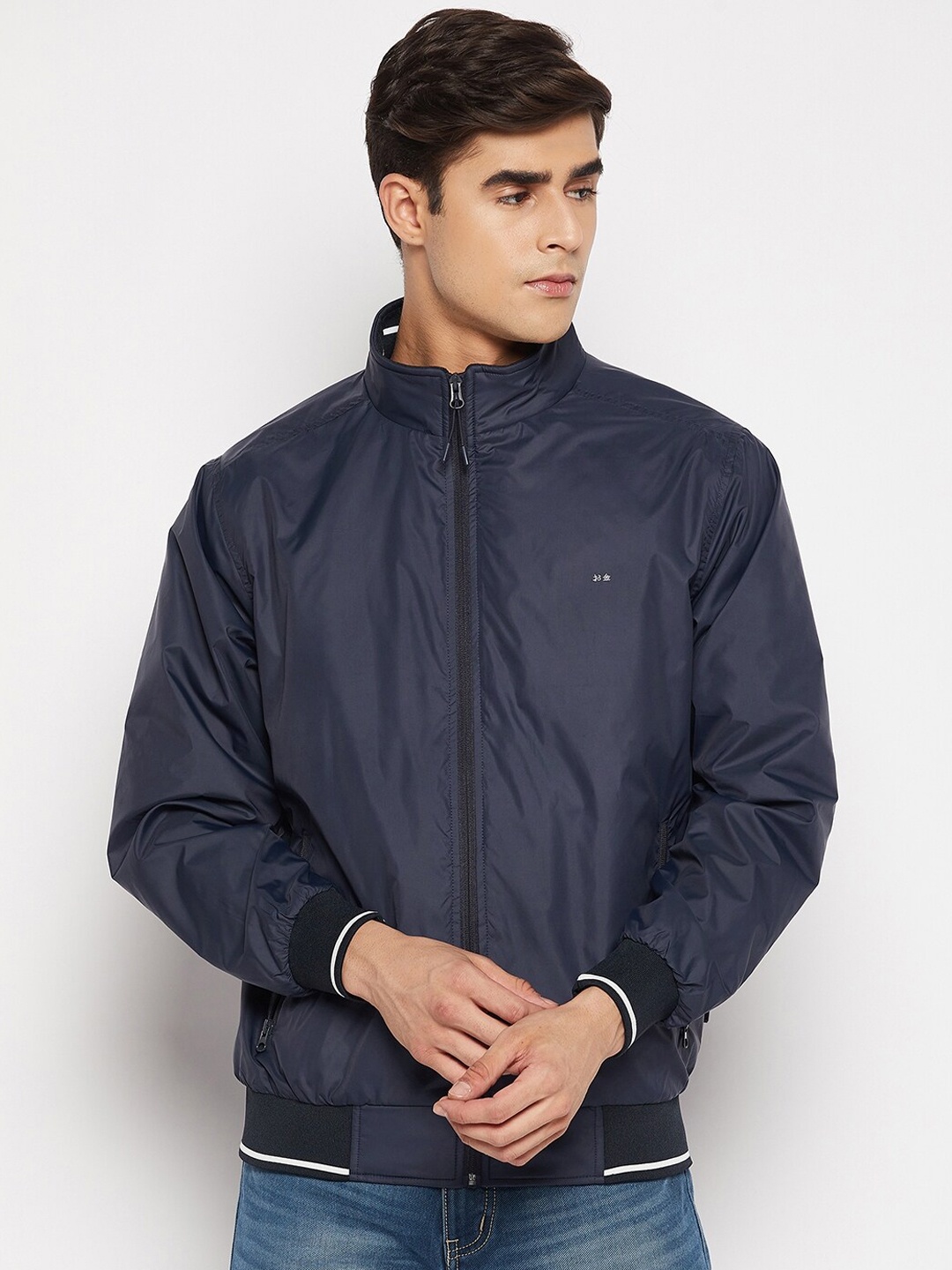 

Okane Men Navy Blue Lightweight Bomber Jacket