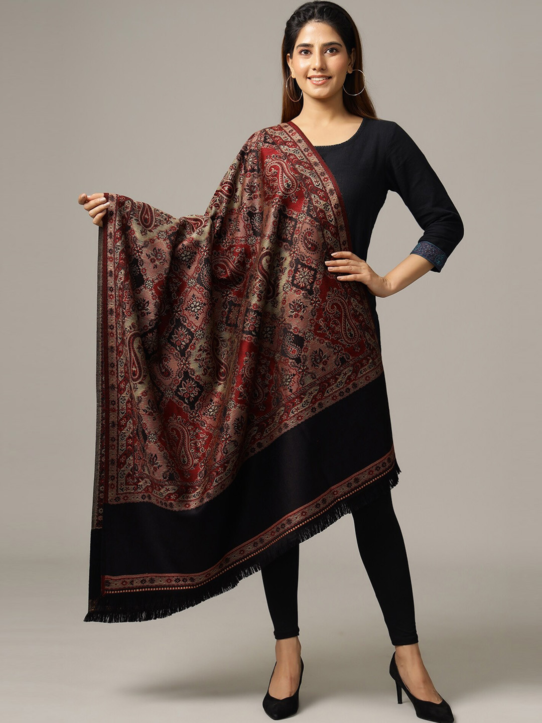

HANDICRAFT PALACE Women Black Ethnic Motifs Design Jamwar Wool Shawl
