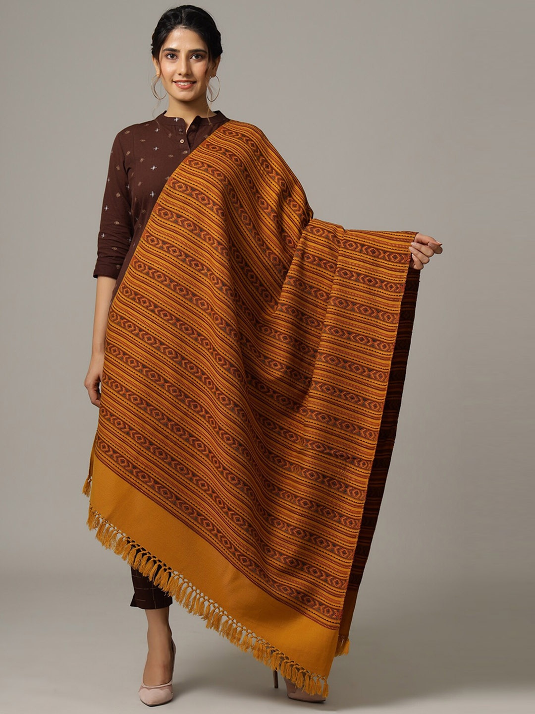 

HANDICRAFT PALACE Women Mustard Yellow Striped Hand Woven Design Wool Shawl