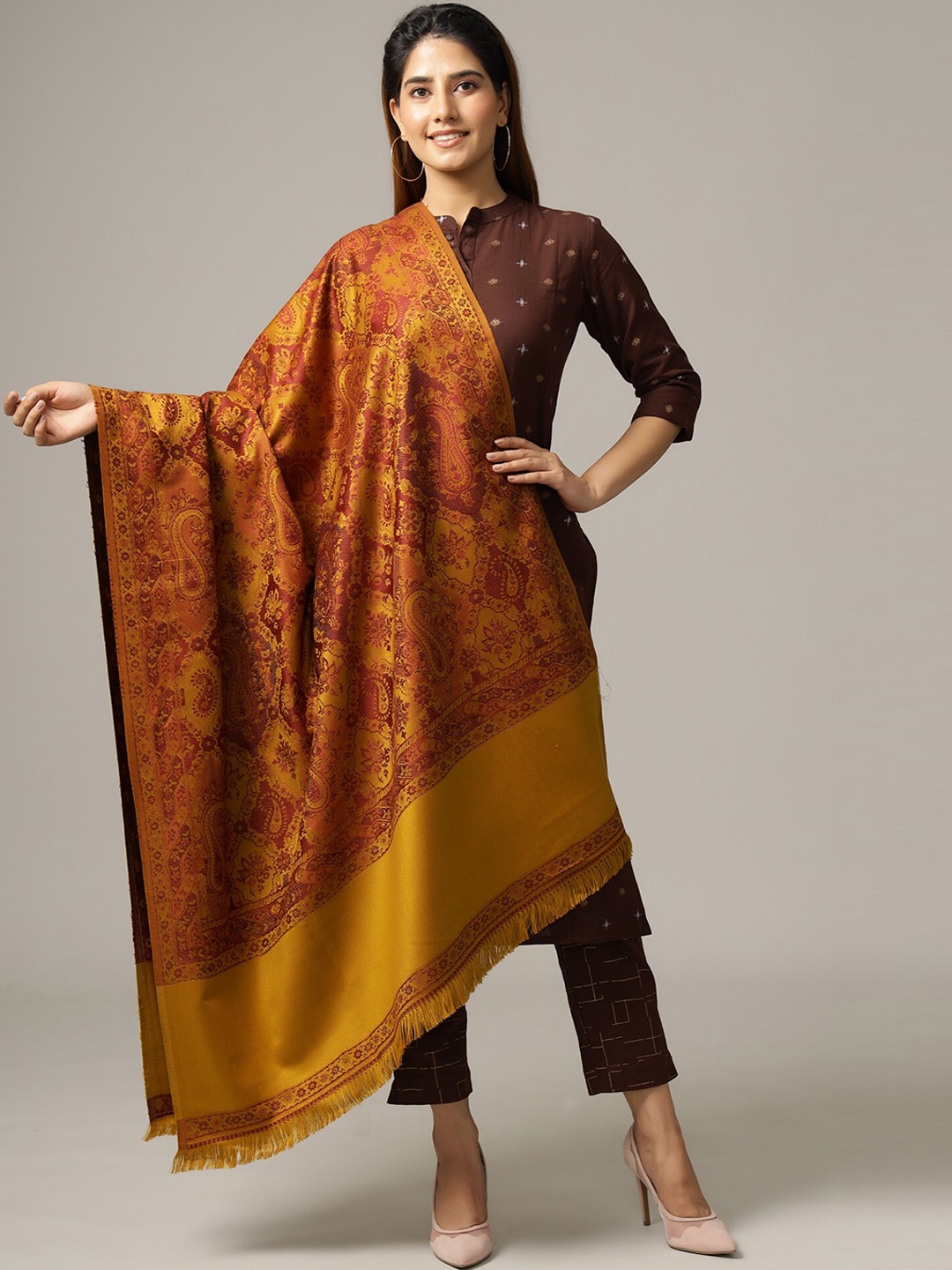 

HANDICRAFT PALACE Women Mustard Yellow & Red Hand Woven Design Jamwar Paisley Wool Shawl