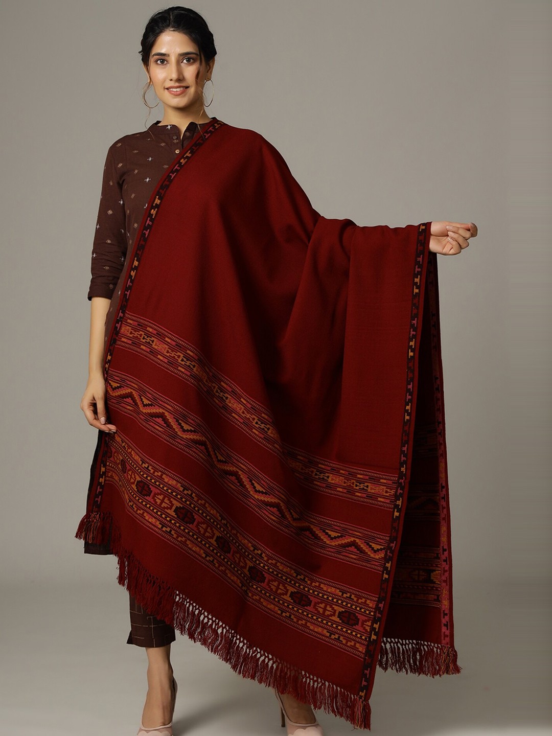 

HANDICRAFT PALACE Women Maroon Solid Hand Woven Design Wool Shawl
