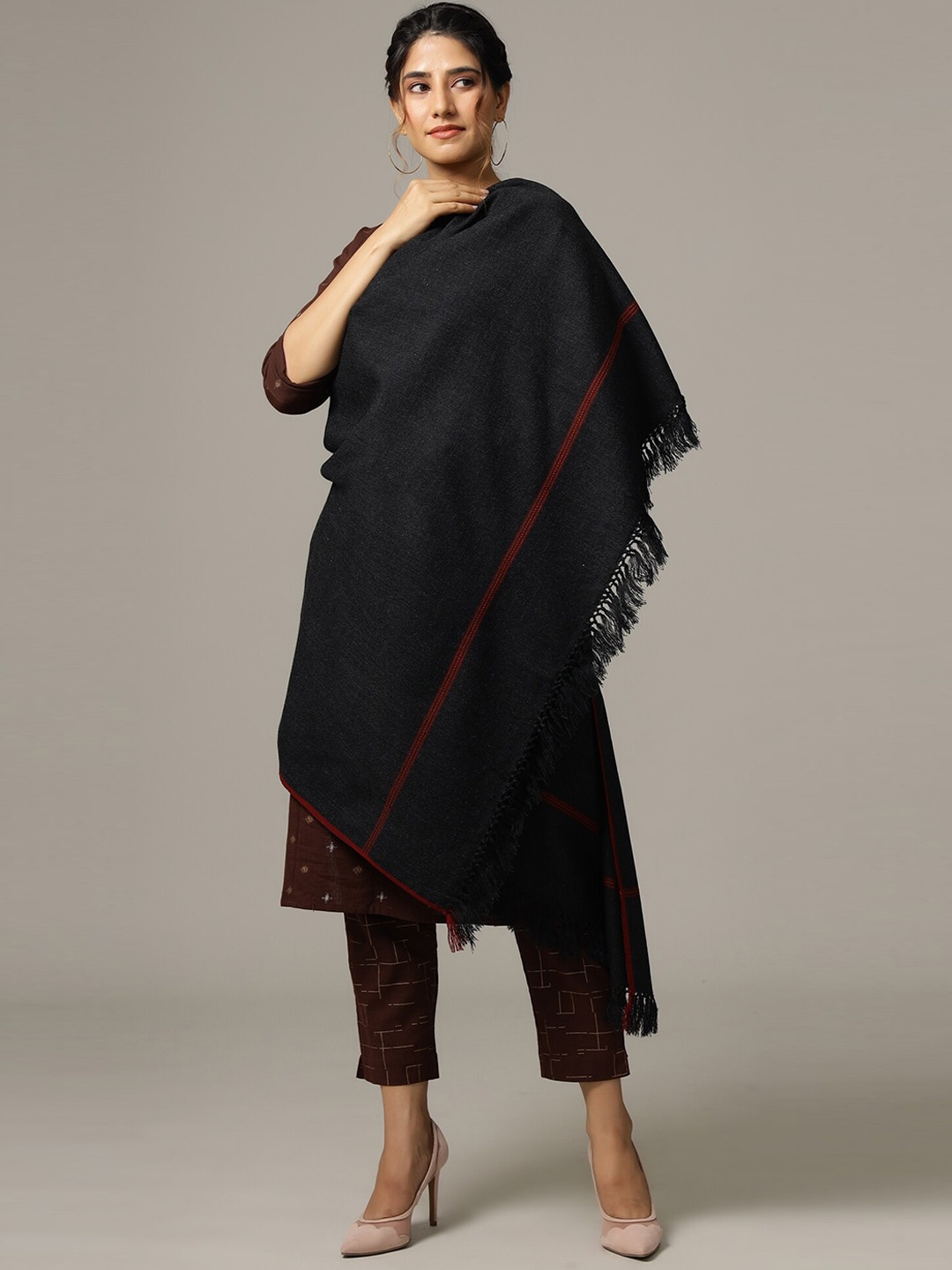 

HANDICRAFT PALACE Women Black Hand Woven Design Wool Shawl