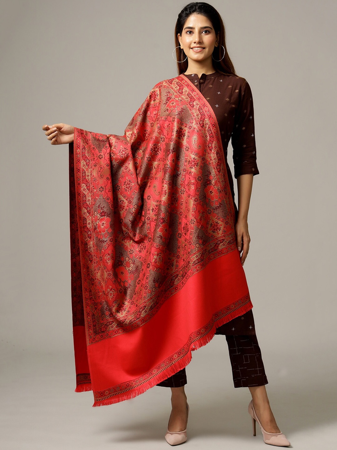 

HANDICRAFT PALACE Women Pink Hand Woven Design Jamwar Paisley Wool Shawl