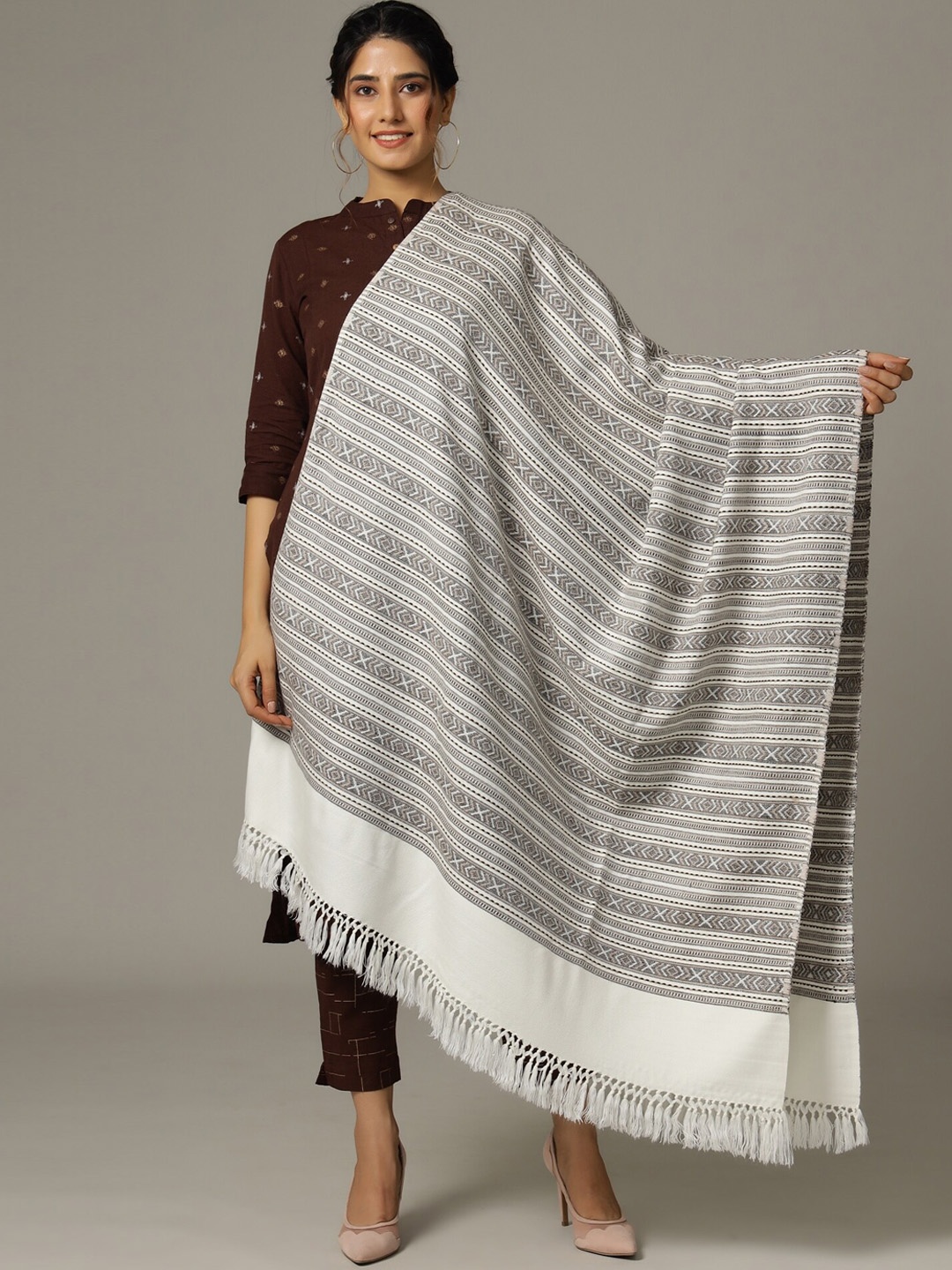 

HANDICRAFT PALACE Women White & Grey Striped Wool Shawl