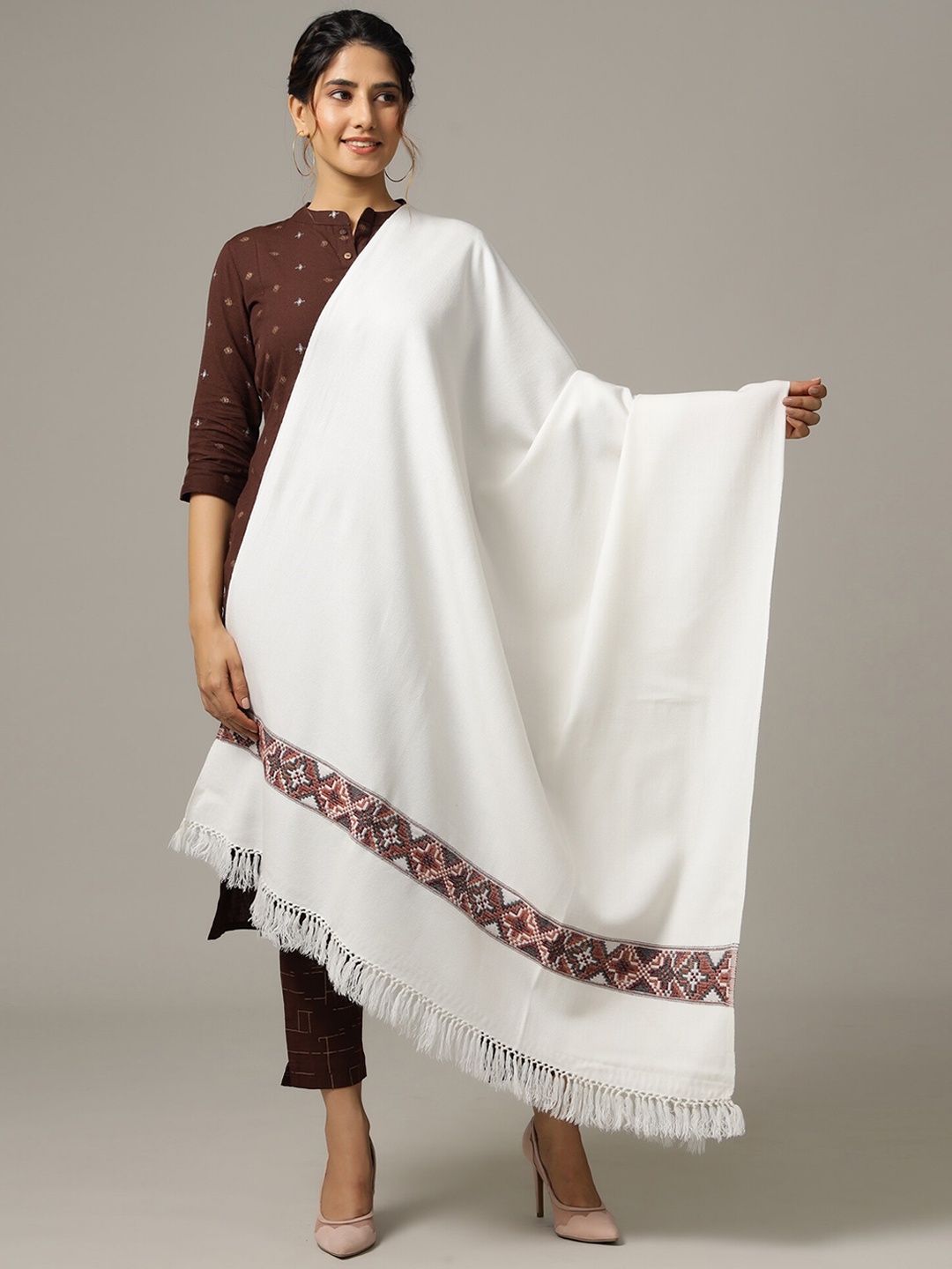 

HANDICRAFT PALACE Women White Solid Hand Woven Design Wool Shawl