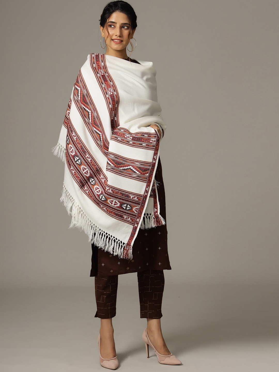 

HANDICRAFT PALACE Women White Solid Hand Woven Design Wool Shawl