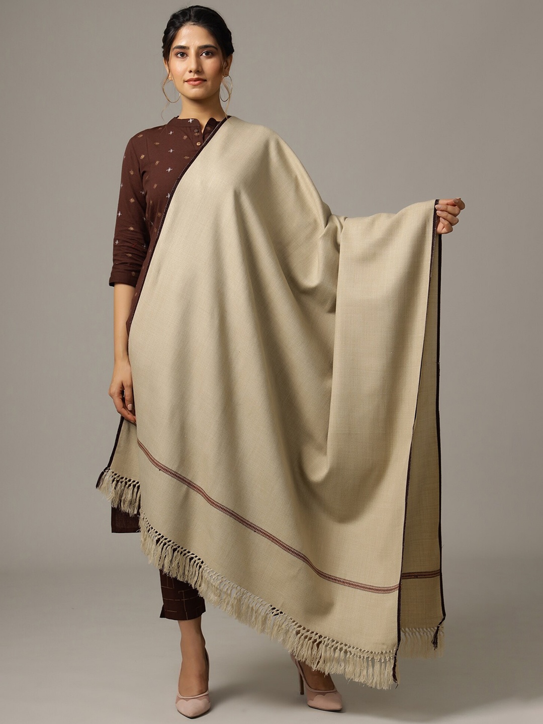

HANDICRAFT PALACE Women Beige Solid Hand Woven Design Wool Shawl