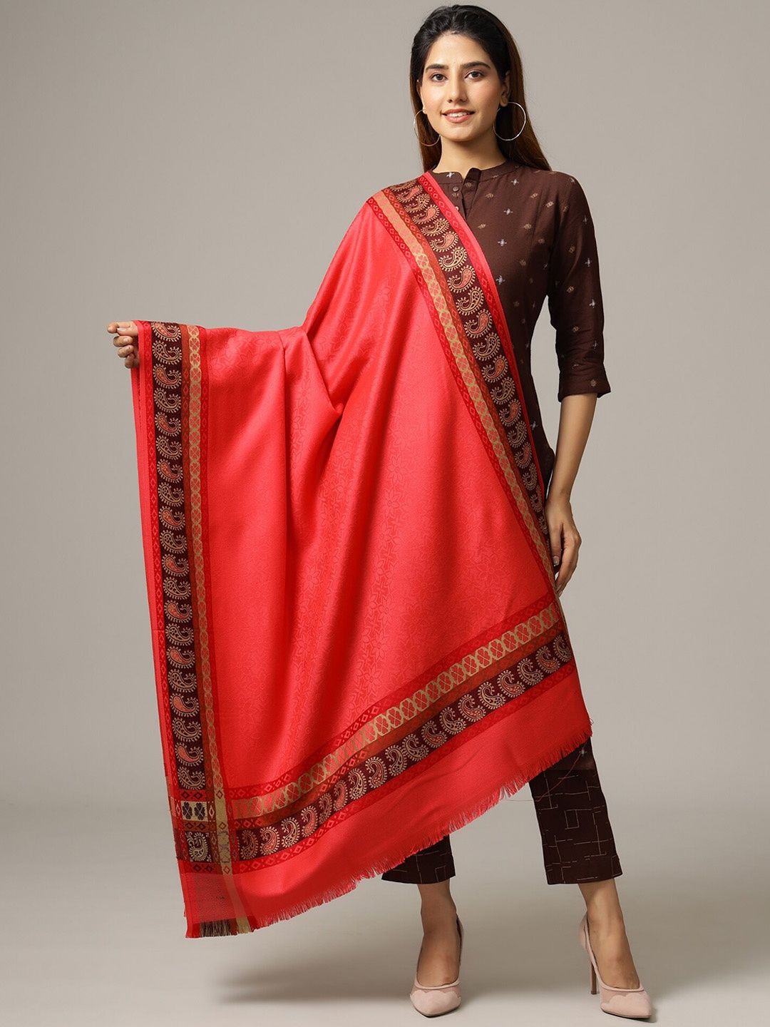 

HANDICRAFT PALACE Women Pink Hand Ethnic Motifs Jamwar Paisley Wool Shawl