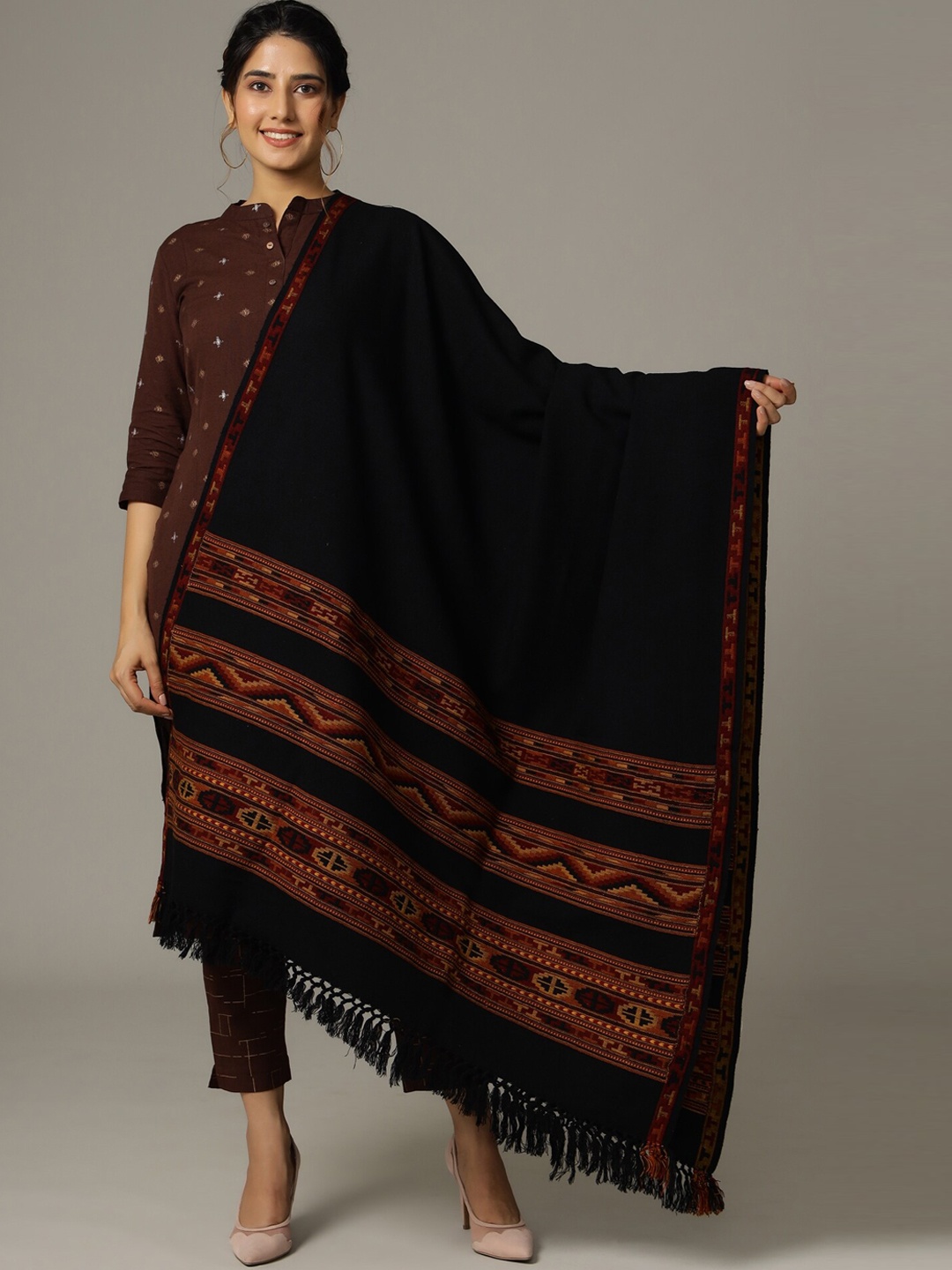 

HANDICRAFT PALACE Women Black Solid Hand Woven Design Wool Shawl