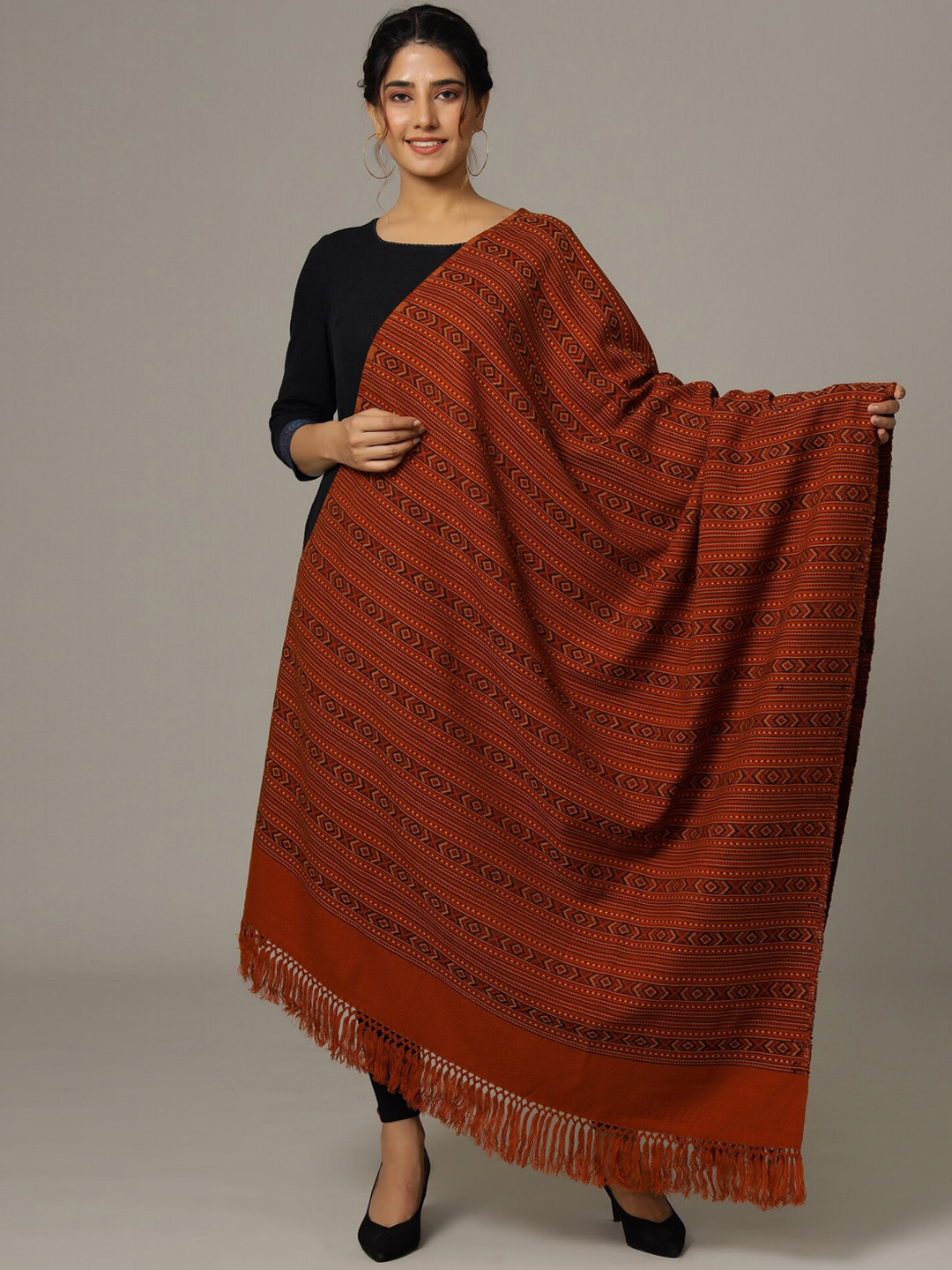 

HANDICRAFT PALACE Women Orange Striped Hand Woven Design Wool Shawl