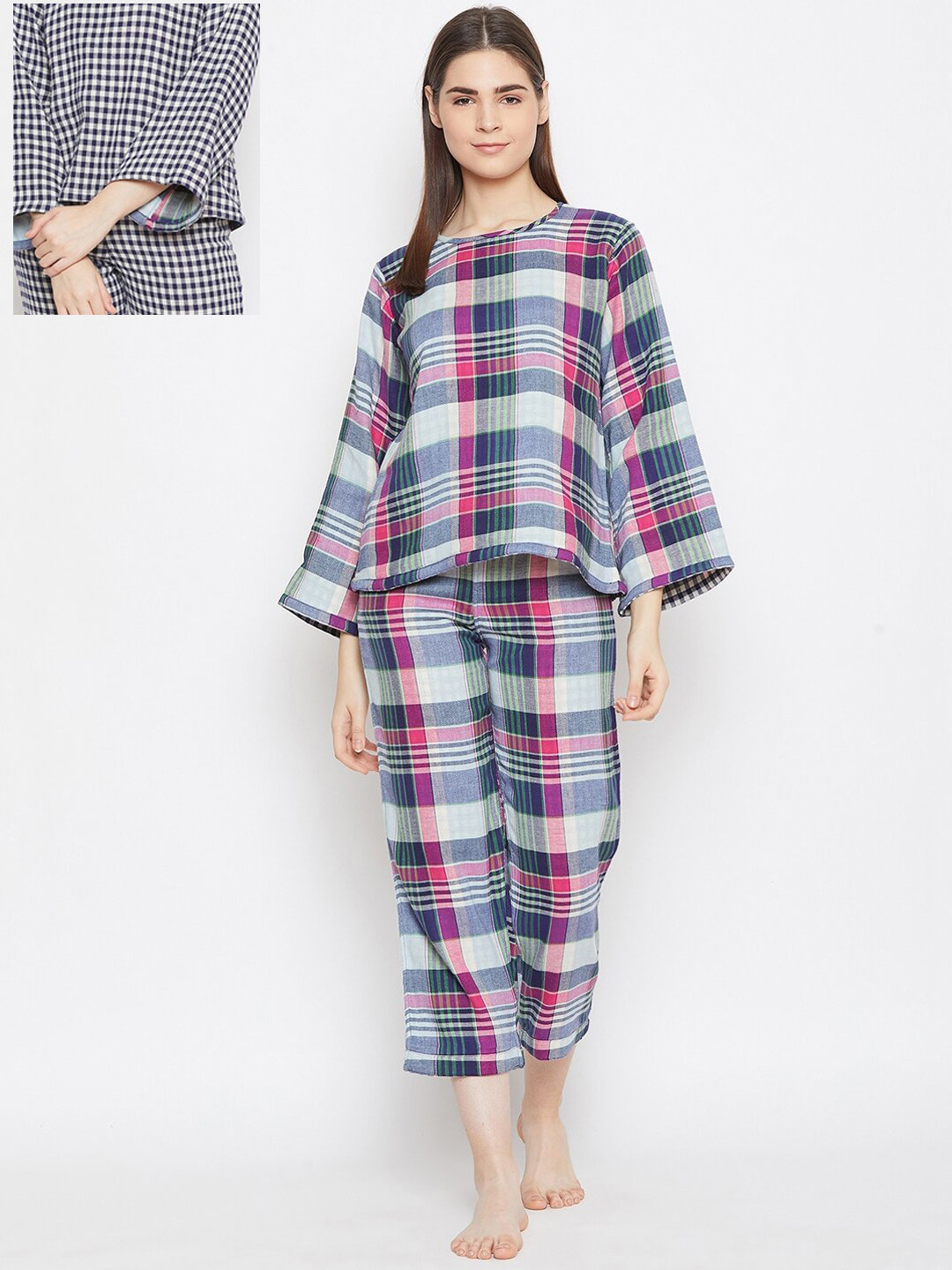 

The Kaftan Company Women Navy Blue & White Checked Night suit