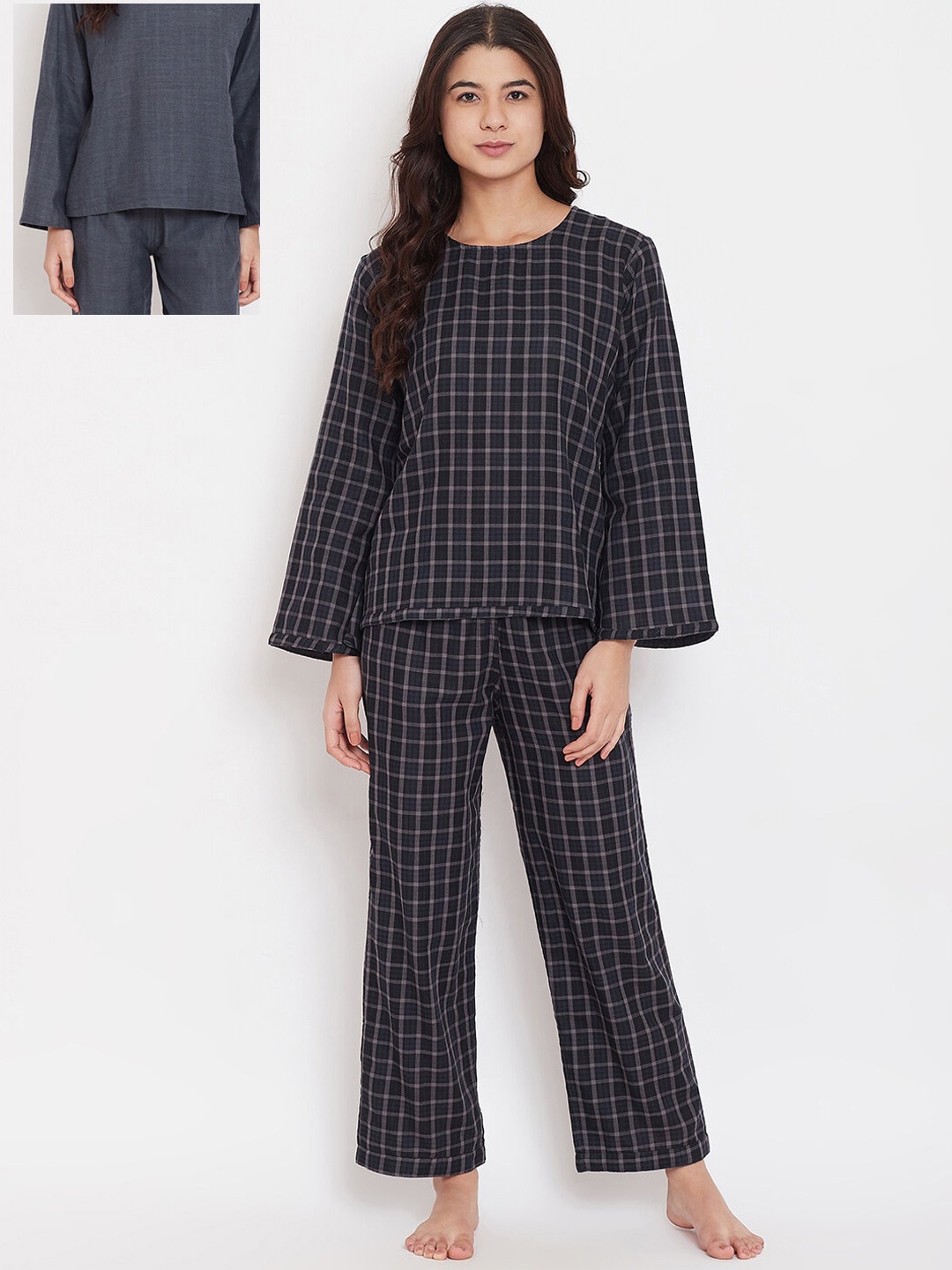 

The Kaftan Company Women Black & Off White Checked Pure Cotton Night suit